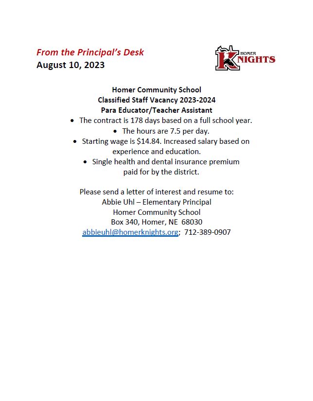 Homer Community Schools Paraprofessional Opening